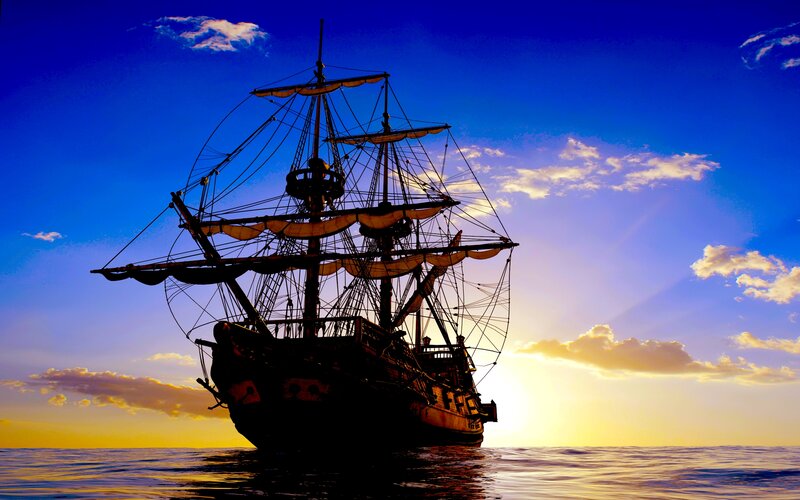 Sailboat at Sunset — Blue, Dramatic, Photograph, Ocean, Sky, Clouds