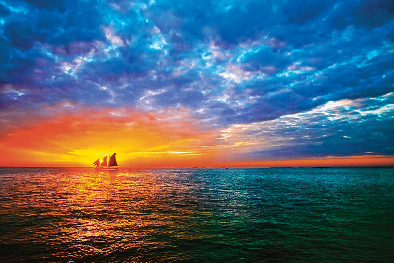 Sailboat at Sunset — Blue, Dramatic, Photograph, Ocean