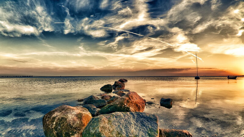 Sailboat at Sunset — Blue, Dramatic, Photograph, Rocks, Sea