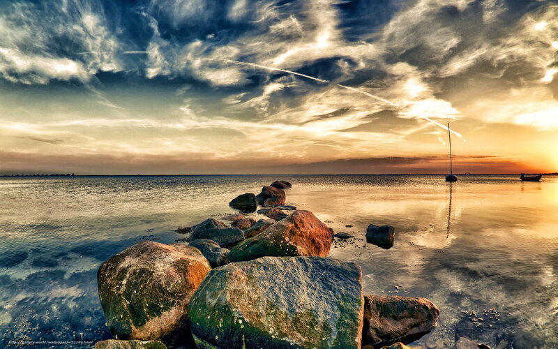 Sailboat at Sunset — Blue, Dramatic, Photograph, Rocks, Sky