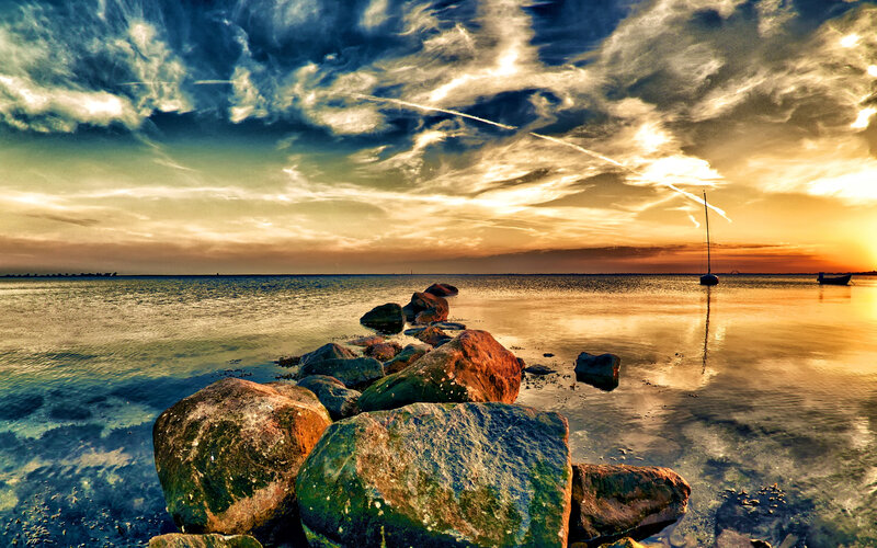 Sailboat at Sunset — Blue, Dramatic, Photograph, Rocks