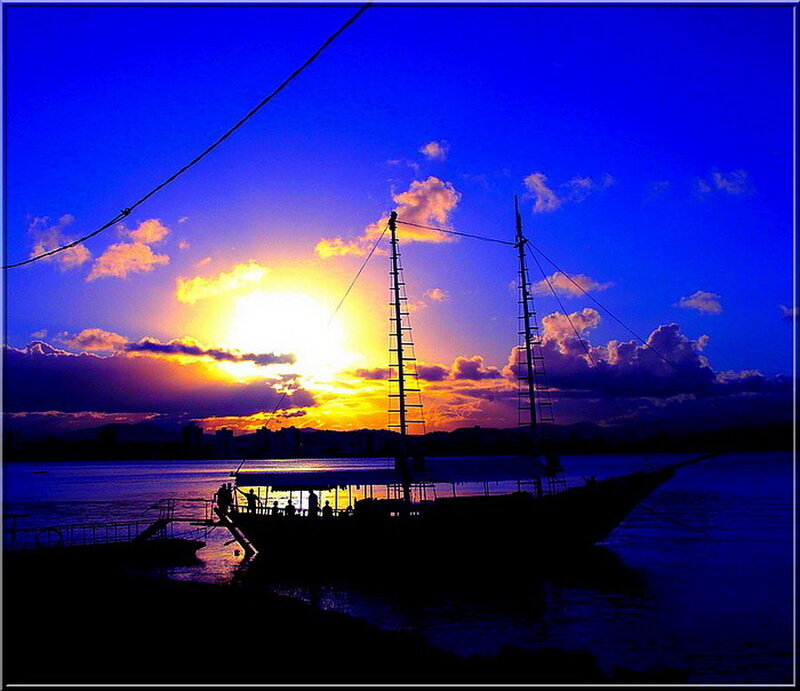 Sailboat at Sunset — Blue, Dramatic, Photograph