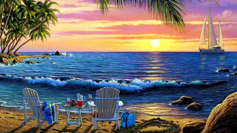 Sailboat at Sunset — Blue, Serene, Painting, Palm Trees, Chairs