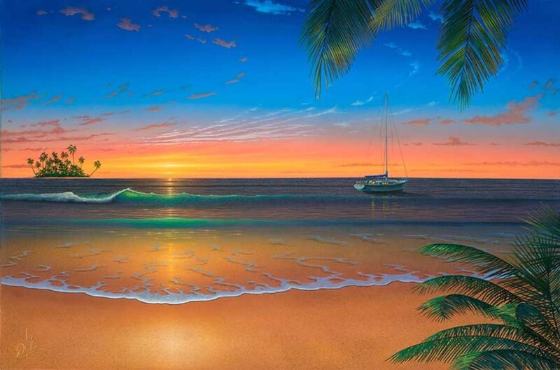 Sailboat at Sunset — Blue, Serene, Painting