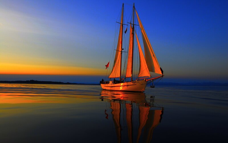 Sailboat at Sunset — Blue, Serene, Photograph, Reflection