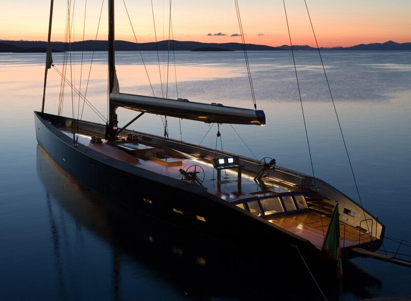 Sailboat at Sunset — Blue, Serene, Photograph, Sea, Mountains, Orange