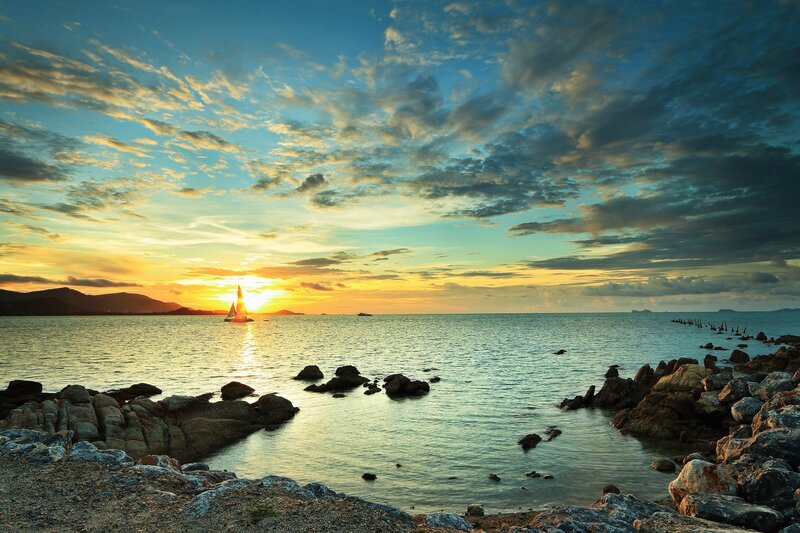 Sailboat at Sunset — Blue, Serene, Photograph, Sea, Rocks