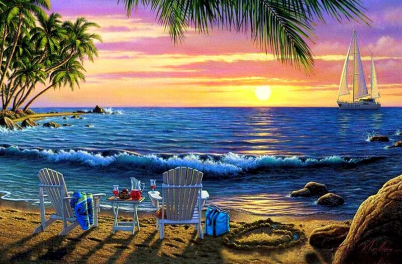 Sailboat at Sunset — Blue, Serene