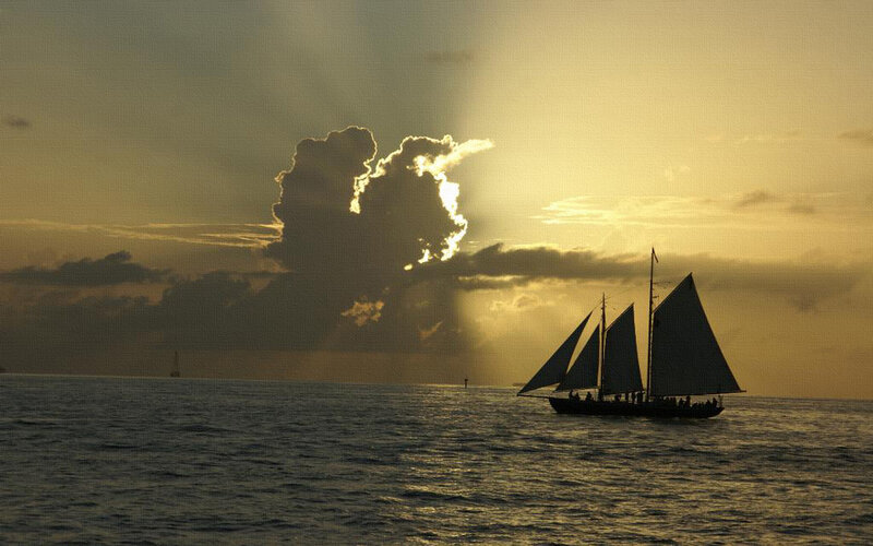 Sailboat at Sunset — Gold, Dramatic, Photograph, Ocean, Clouds