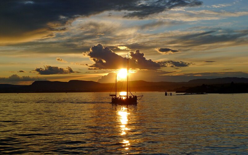 Sailboat at Sunset — Gold, Dramatic, Photograph, Sun