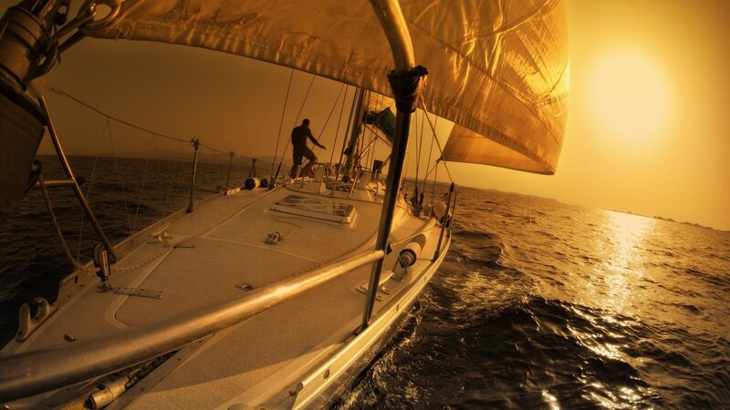 Sailboat at Sunset — Gold, Serene, Photograph, Person, Ocean