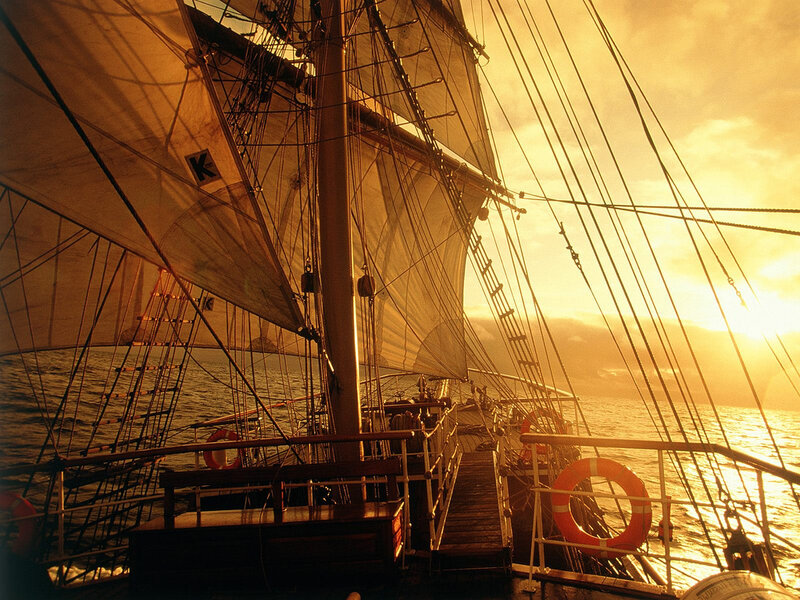 Sailboat at Sunset — Gold, Serene, Photograph, Sails, Life Preserver