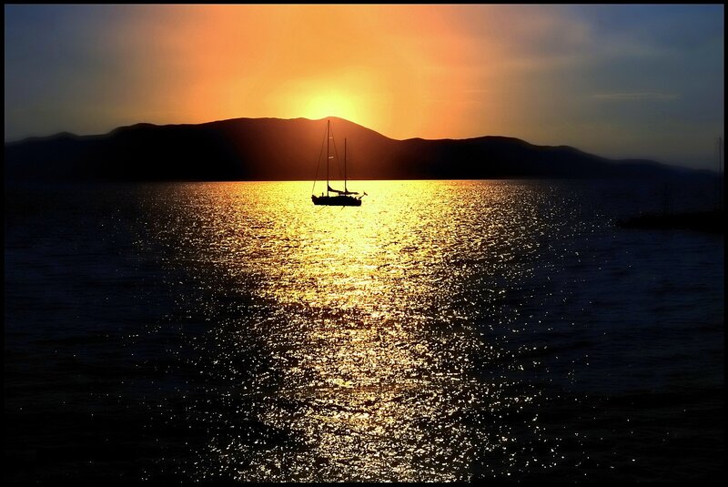 Sailboat at Sunset — Gold, Serene