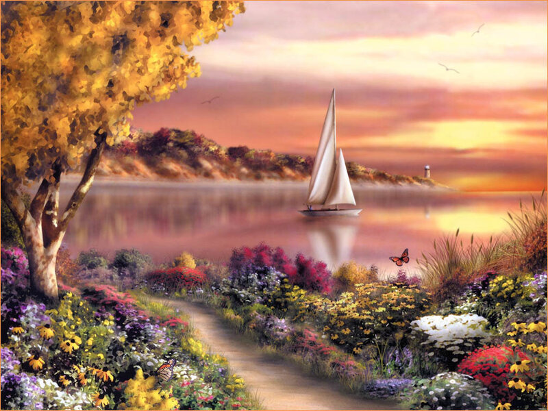 Sailboat at sunset in a garden