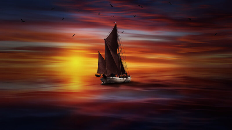 Sailboat at Sunset — Orange, Dramatic, Digital Art, Birds, Sky