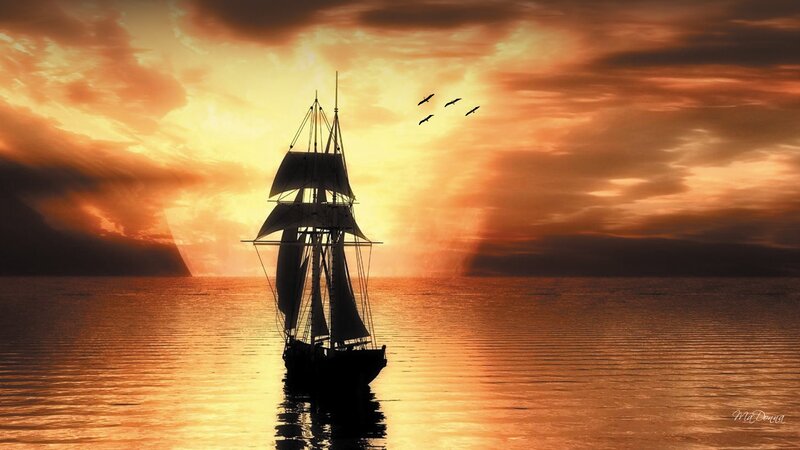 Sailboat at Sunset — Orange, Dramatic, Digital Art, Birds