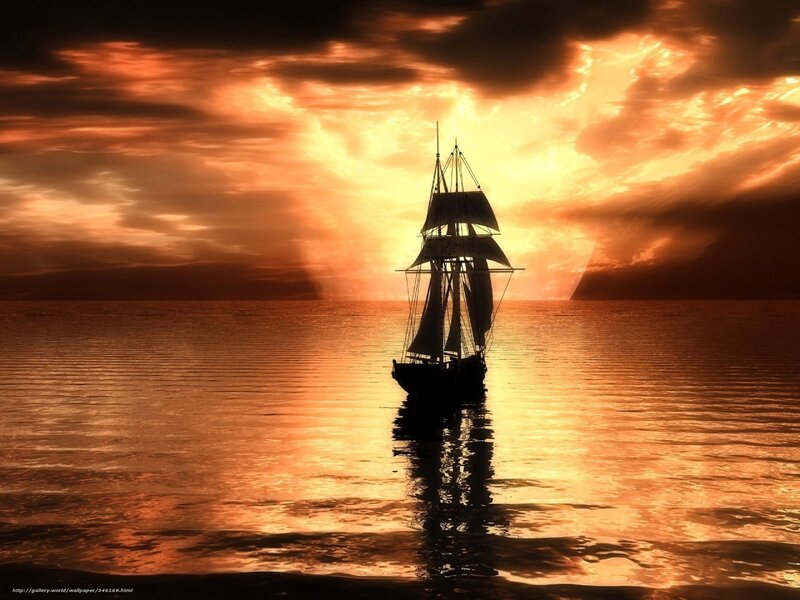 Sailboat at Sunset — Orange, Dramatic, Digital Art, Ocean, Sky
