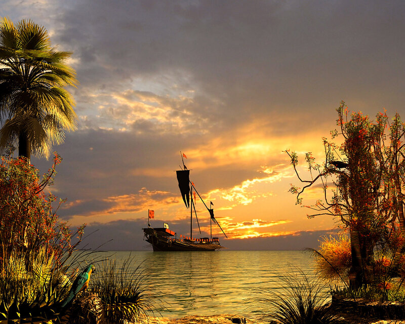 Sailboat at Sunset — Orange, Dramatic, Digital Art, Palm Tree