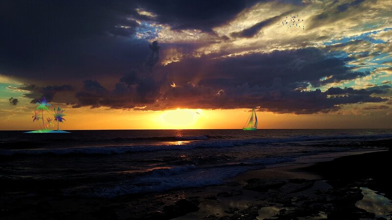 Sailboat at Sunset — Orange, Dramatic, Digital Art, Palm Trees, Birds