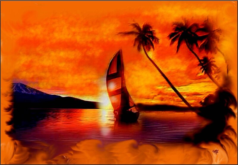 Sailboat at Sunset — Orange, Dramatic, Digital Art, Palm Trees, Mountain