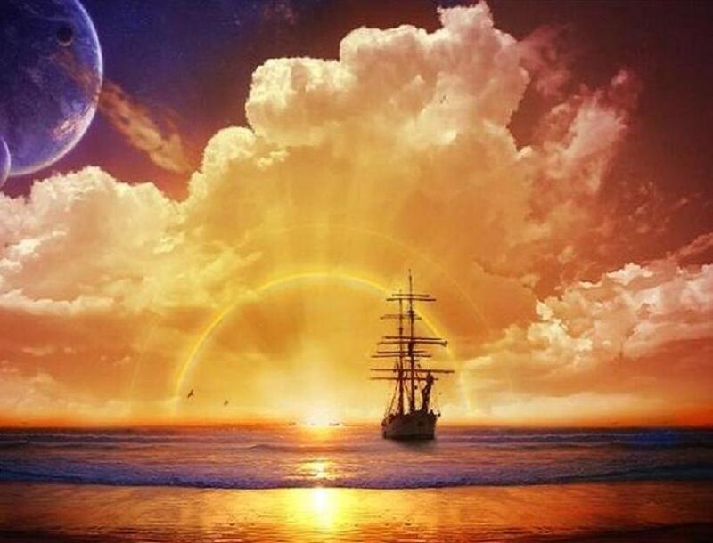 Sailboat at Sunset — Orange, Dramatic, Digital Art, Planet