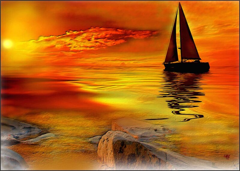 Sailboat at Sunset — Orange, Dramatic, Digital Art, Sun