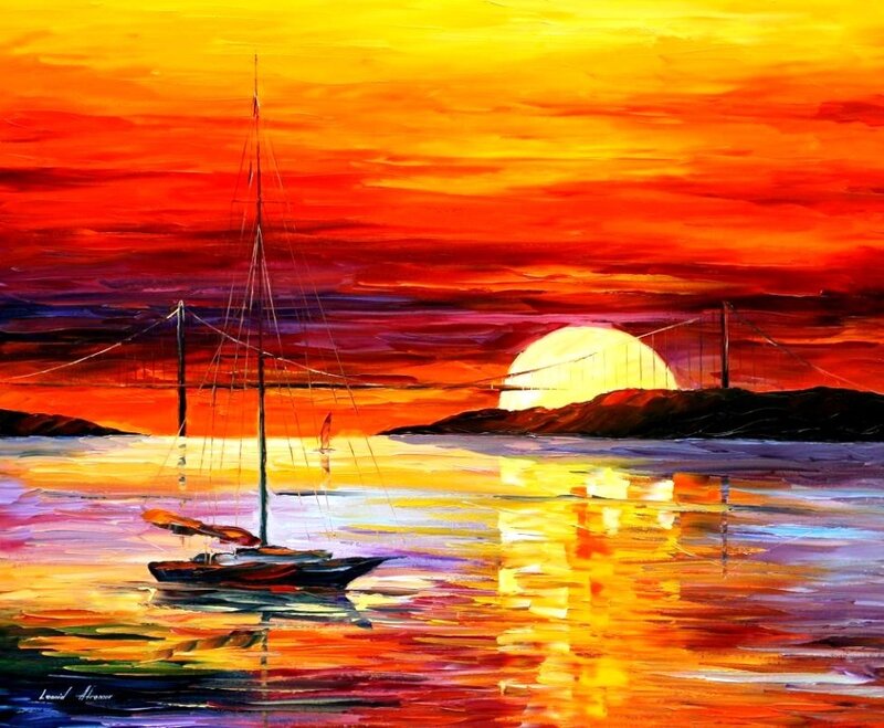 Sailboat at Sunset — Orange, Dramatic, Painting, Bridge