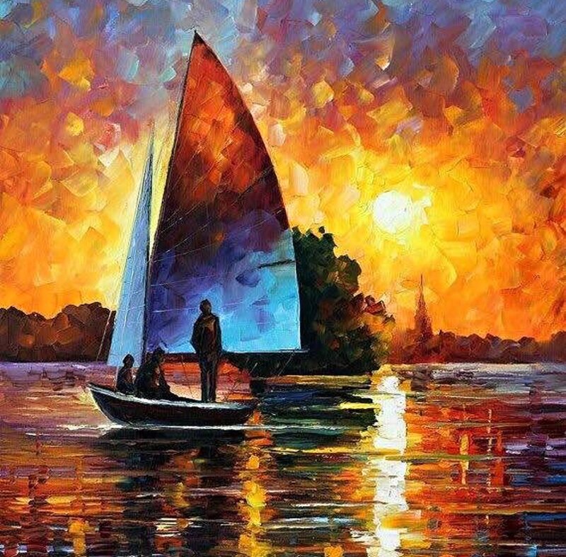 Sailboat at Sunset — Orange, Dramatic, Painting, People