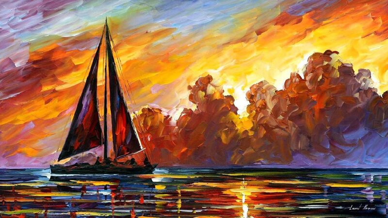Sailboat at Sunset — Orange, Dramatic, Painting, Sea