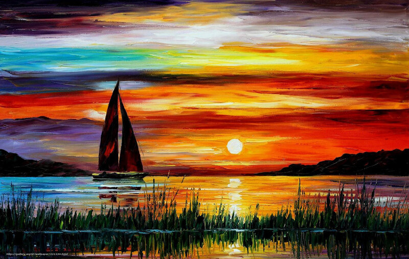 Sailboat at Sunset — Orange, Dramatic, Painting, Sun, Mountains, Reeds