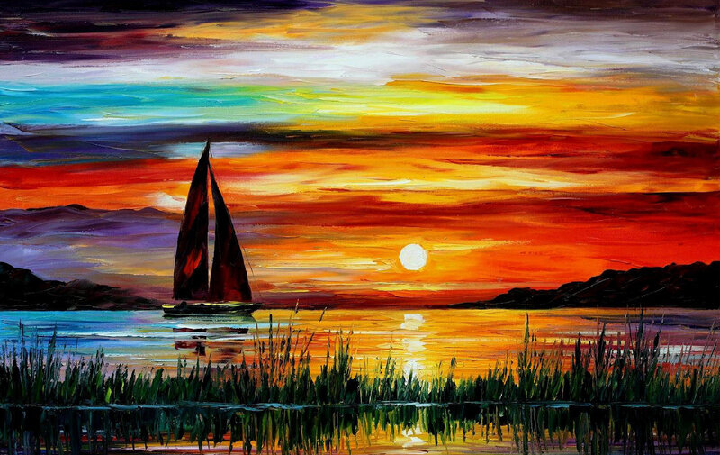 Sailboat at Sunset — Orange, Dramatic, Painting, Sun, Mountains, Reeds, Yellow