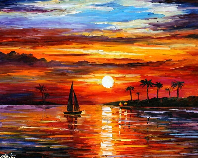 Sailboat at Sunset — Orange, Dramatic, Painting, Sun, Palm Trees