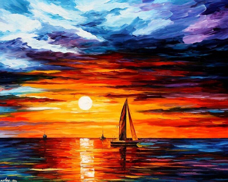 Sailboat at Sunset — Orange, Dramatic, Painting, Sun, Sea