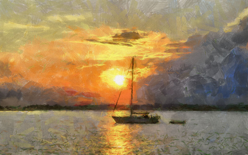 Sailboat at Sunset — Orange, Dramatic, Painting, Sun, Sky