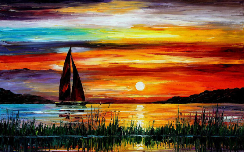 Sailboat at Sunset — Orange, Dramatic, Painting, Sun