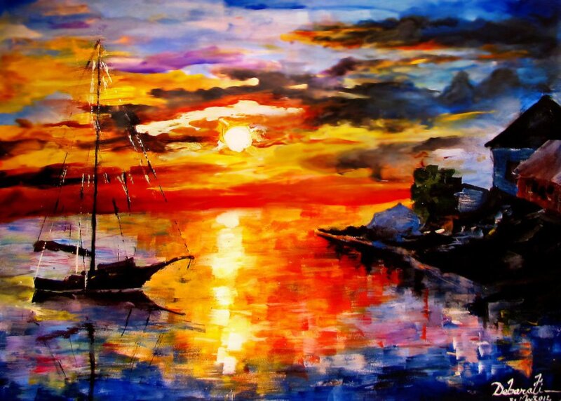 Sailboat at Sunset — Orange, Dramatic, Painting, Sun, Water