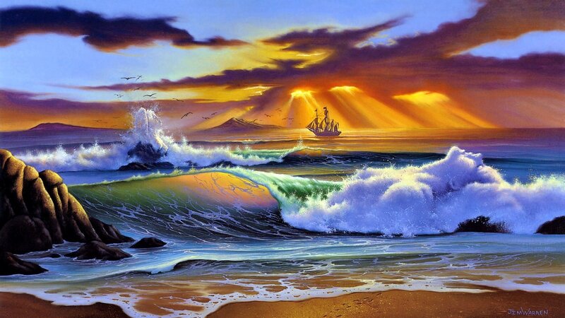 Sailboat at Sunset — Orange, Dramatic, Painting, Waves, Birds