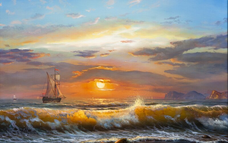 Sailboat at Sunset — Orange, Dramatic, Painting, Waves, Sun