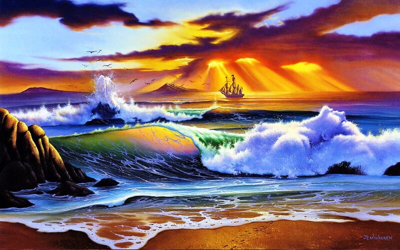 Sailboat at Sunset — Orange, Dramatic, Painting, Waves