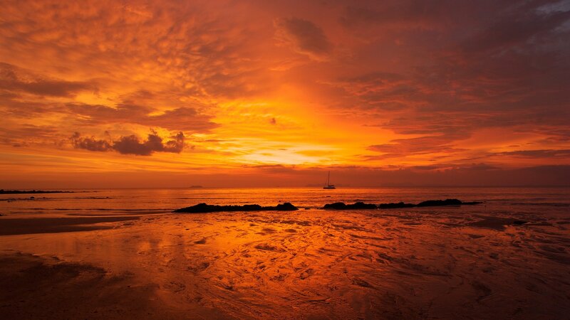 Sailboat at Sunset — Orange, Dramatic, Photograph, Beach