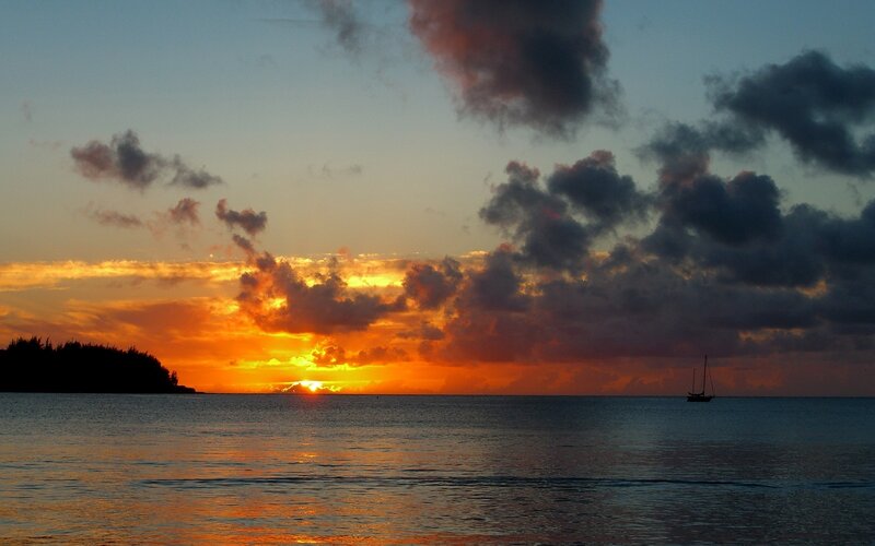 Sailboat at Sunset — Orange, Dramatic, Photograph, Clouds, Island