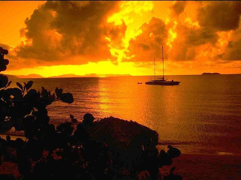 Sailboat at Sunset — Orange, Dramatic, Photograph, Clouds, Ocean, Island