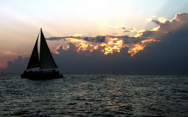Sailboat at Sunset — Orange, Dramatic, Photograph, Clouds, Ocean