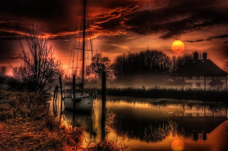 Sailboat at Sunset — Orange, Dramatic, Photograph, House