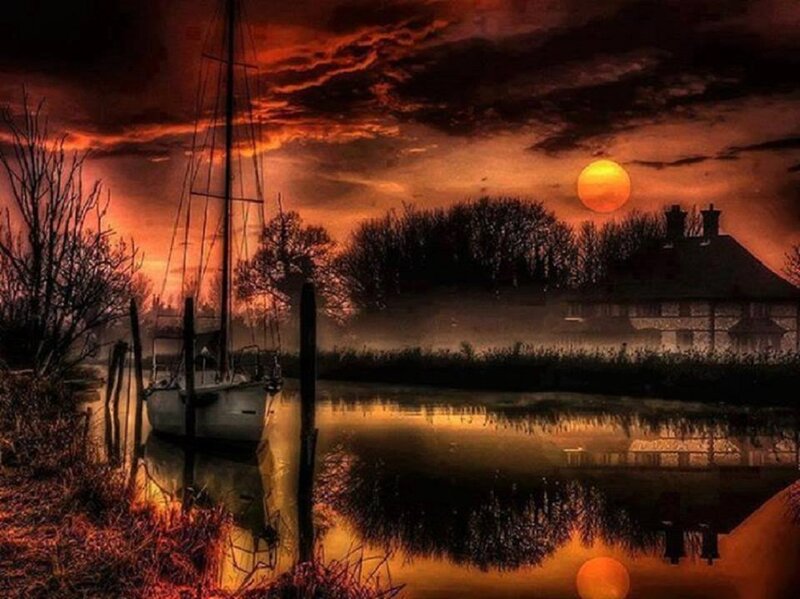 Sailboat at Sunset — Orange, Dramatic, Photograph, House, Trees, Sun