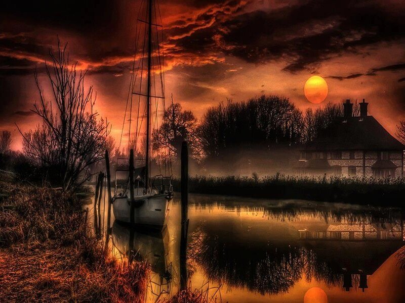 Sailboat at Sunset — Orange, Dramatic, Photograph, House, Trees