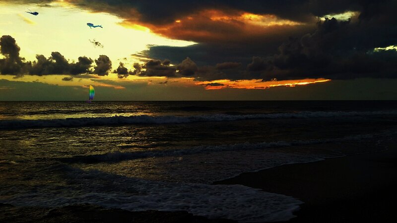 Sailboat at Sunset — Orange, Dramatic, Photograph, Kites