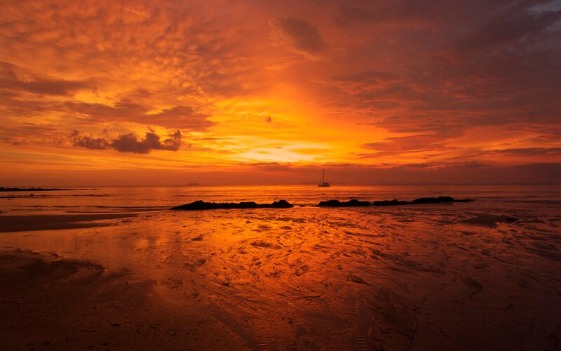 Sailboat at Sunset — Orange, Dramatic, Photograph, Ocean, Beach