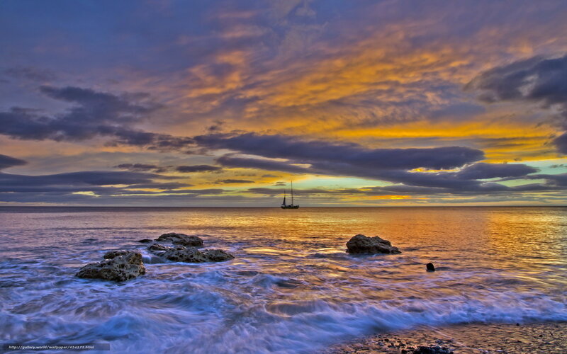 Sailboat at Sunset — Orange, Dramatic, Photograph, Ocean, Rocks, Clouds