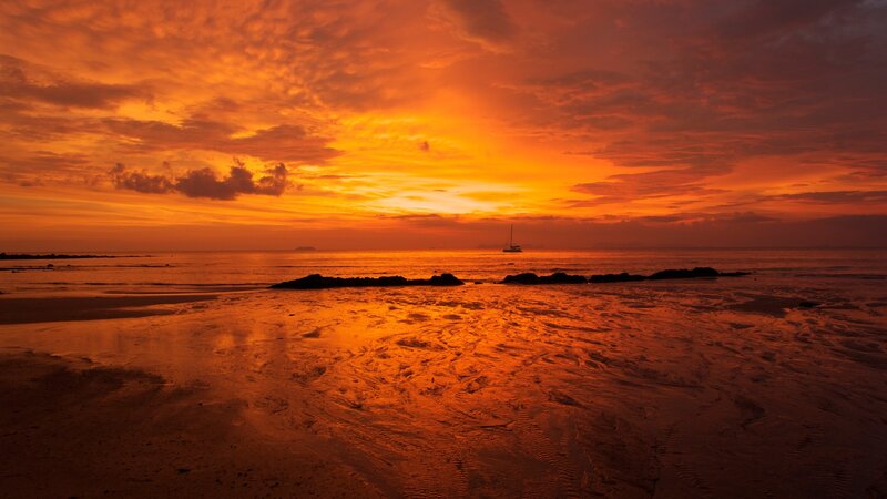 Sailboat at Sunset — Orange, Dramatic, Photograph, Ocean, Sky, Beach
